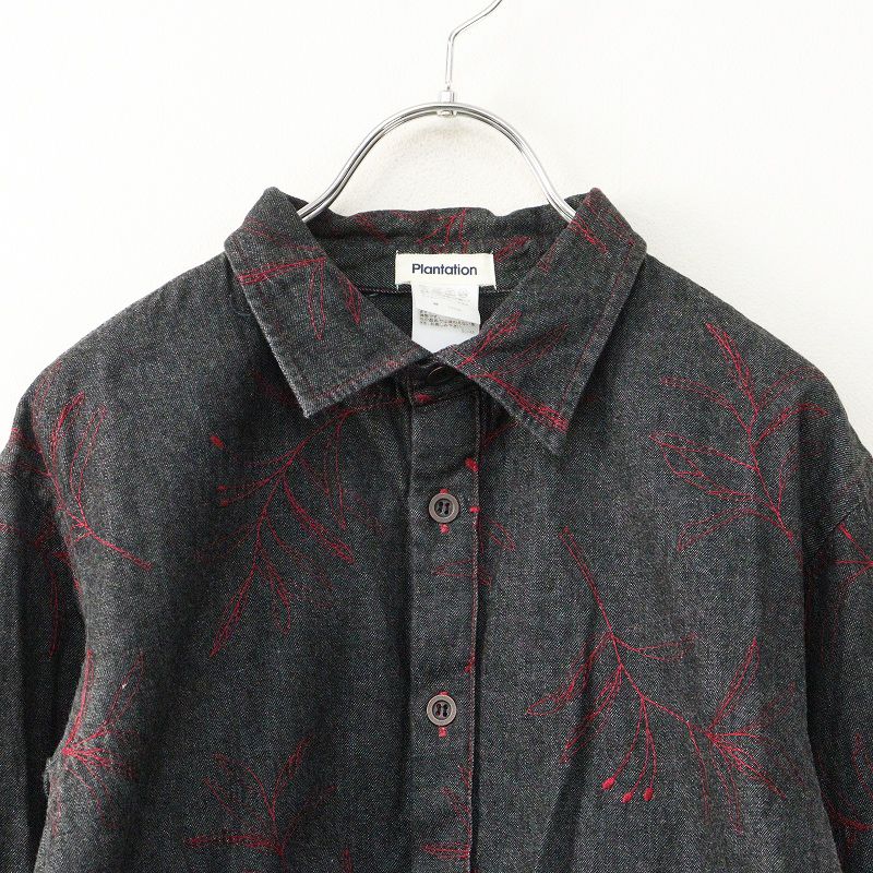 Archive 2012AW プランテーション Plantation 植物刺繍 ブラックデニムシャツ M 黒┃赤ステッチ トップス ブラウス【2400014882247】 Archive 2012AW プランテーション Plantation 植物刺繍 ブラックデニム