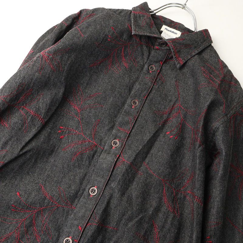 Archive 2012AW プランテーション Plantation 植物刺繍 ブラックデニムシャツ M 黒┃赤ステッチ トップス ブラウス【2400014882247】 Archive 2012AW プランテーション Plantation 植物刺繍 ブラックデニム