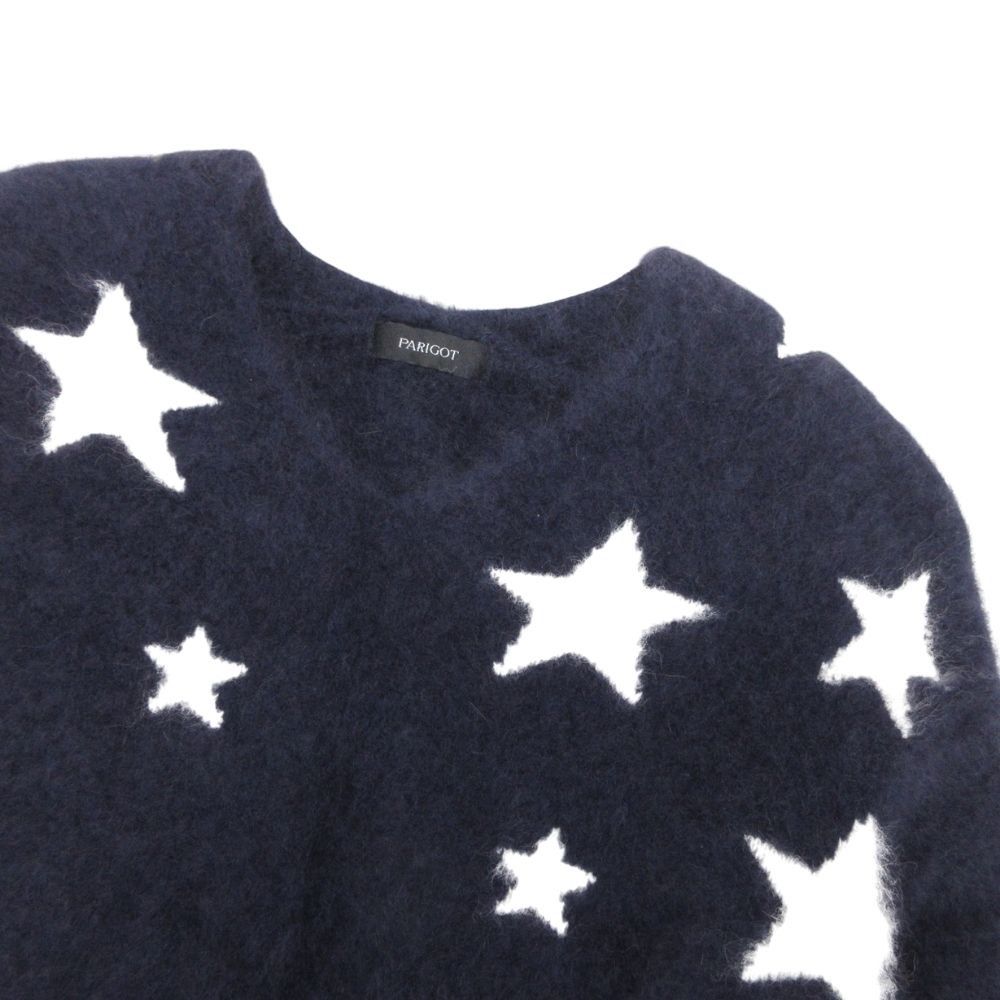 美品 19aw PARIGOT パリゴ スターラクーンニット Vネック 長袖 ロングスリーブ 星 ウール シャギー セーター F 紺 ネイビー レディース 古着 中古 USED 美品 19aw PARIGOT パリゴ スターラクーンニット Vネック 長袖 ロング
