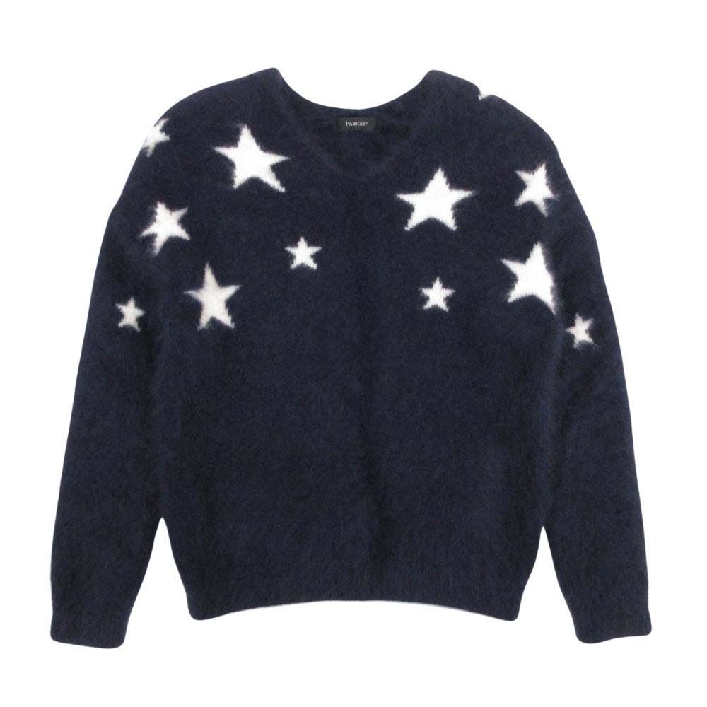 美品 19aw PARIGOT パリゴ スターラクーンニット Vネック 長袖 ロングスリーブ 星 ウール シャギー セーター F 紺 ネイビー レディース 古着 中古 USED 美品 19aw PARIGOT パリゴ スターラクーンニット Vネック 長袖 ロング