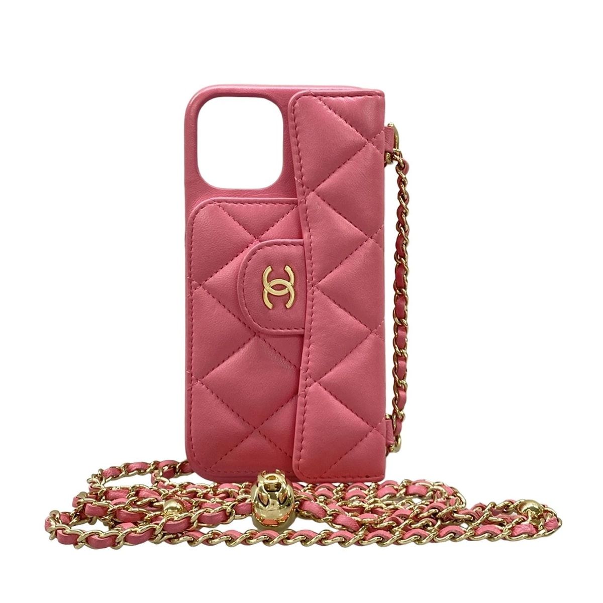 CHANEL(シャネル) 携帯電話ケース マトラッセ ピンク iPhoneケース/iPhone12 PRO/ゴールド金具/ボールチェーンショルダー ラムスキン