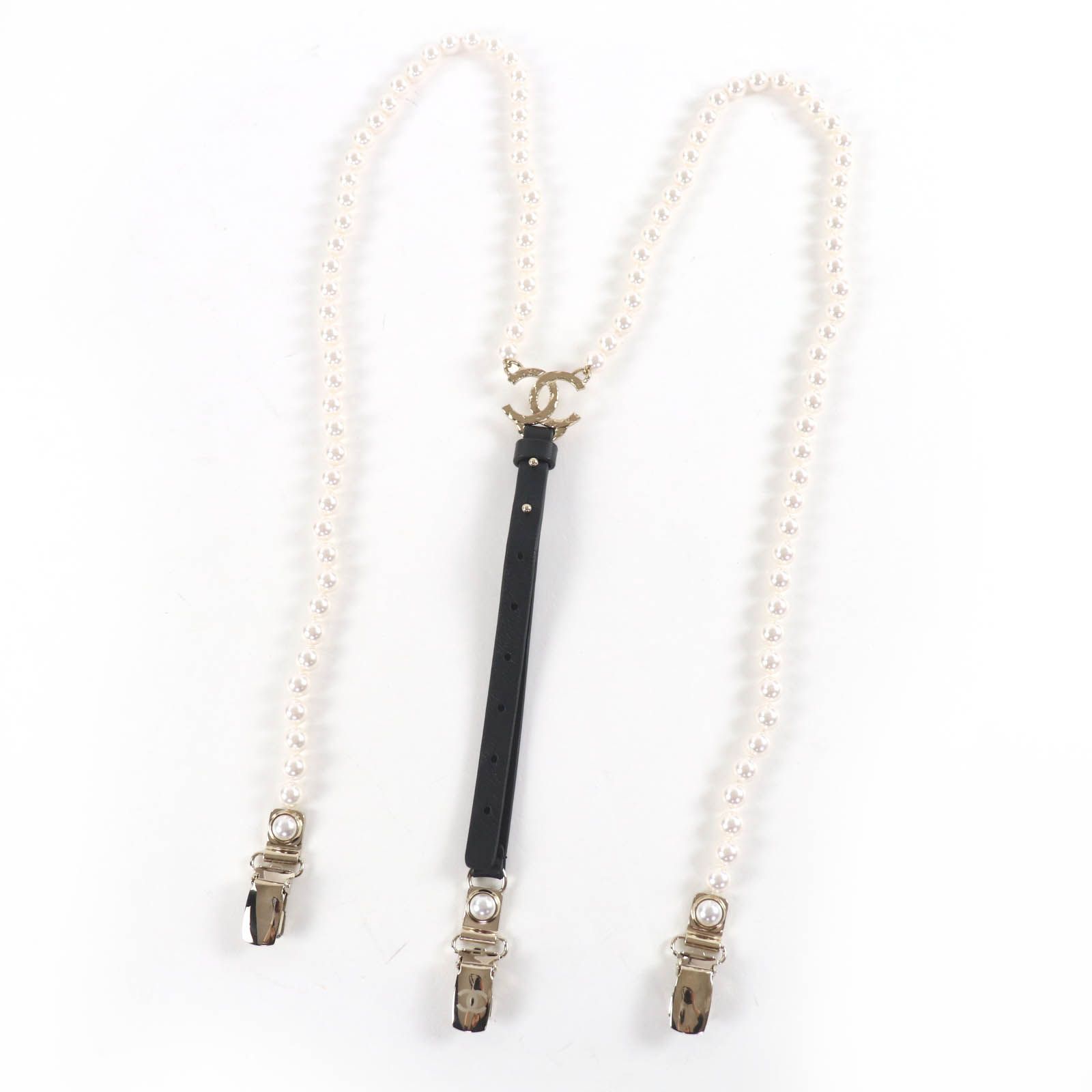 極美品☆CHANEL シャネル A21 K ココマーク フェイクパール レザーベルト サスペンダー アイボリー ブラック ゴールド金具 S 箱・保存袋付き フランス製 レディース