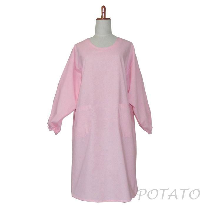 新品　日本製　かっぽう着　割烹着　スモック　ボタン留め割烹着ロングタイプ　ピンク×白　ギンガム　KL-1003