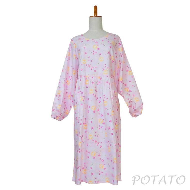 新品　日本製　かっぽう着　割烹着　スモック　割烹着ロングタイプ　花見兎　ピンク　WR-1033