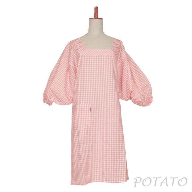 新品 日本製 かっぽう着 割烹着 スモック 着物用 割烹着ショートタイプ チェック ピンク×白 WS-1005