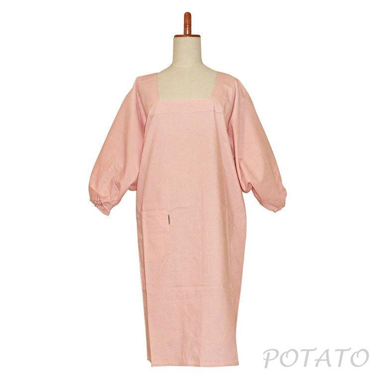 新品　日本製　かっぽう着　割烹着　スモック　着物用　割烹着ショートタイプ　ギンガム　ピンク　WS-1001