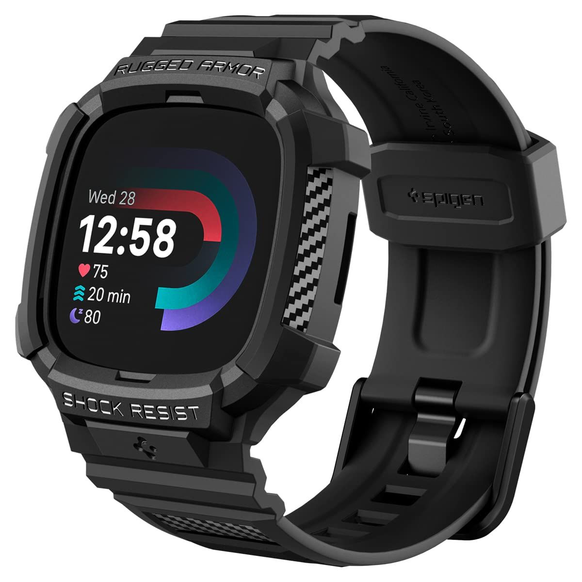 Spigen Rugged Armor Pro Fitbit Versa 4 / Sense 2用ケース バンド保護TPUカバー ストラップ付き - ブラック