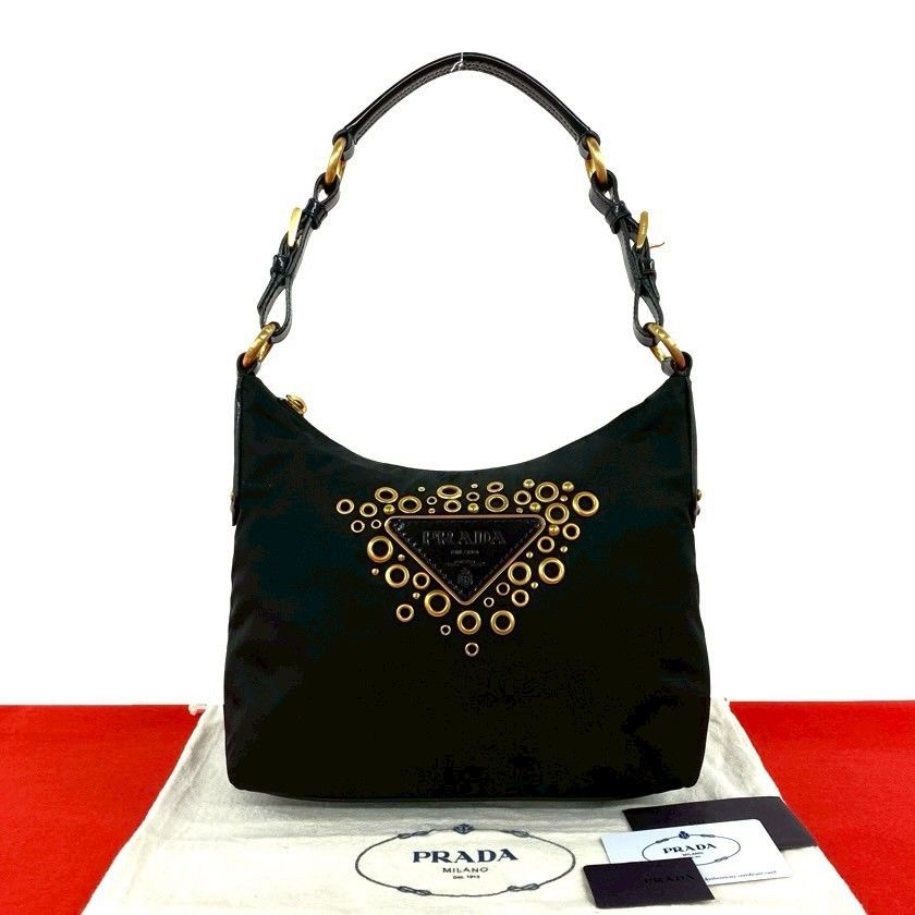 極 美品 袋付き PRADA プラダ 三角ロゴ 金具 ナイロン パテントレザー