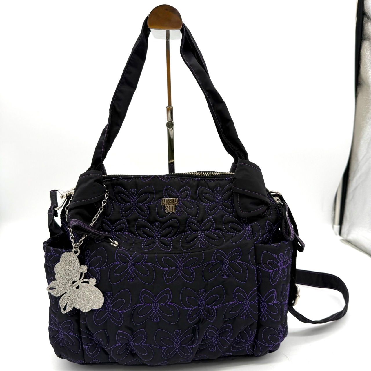 美品】アナスイ ANNA SUI 2WAY ショルダーバッグ 蝶 バタフライ 黒 紫