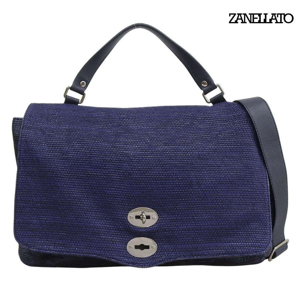 美品✨ザネラート ポスティーナ バッグ 2WAY ラフィア 麻 ショルダー 紺