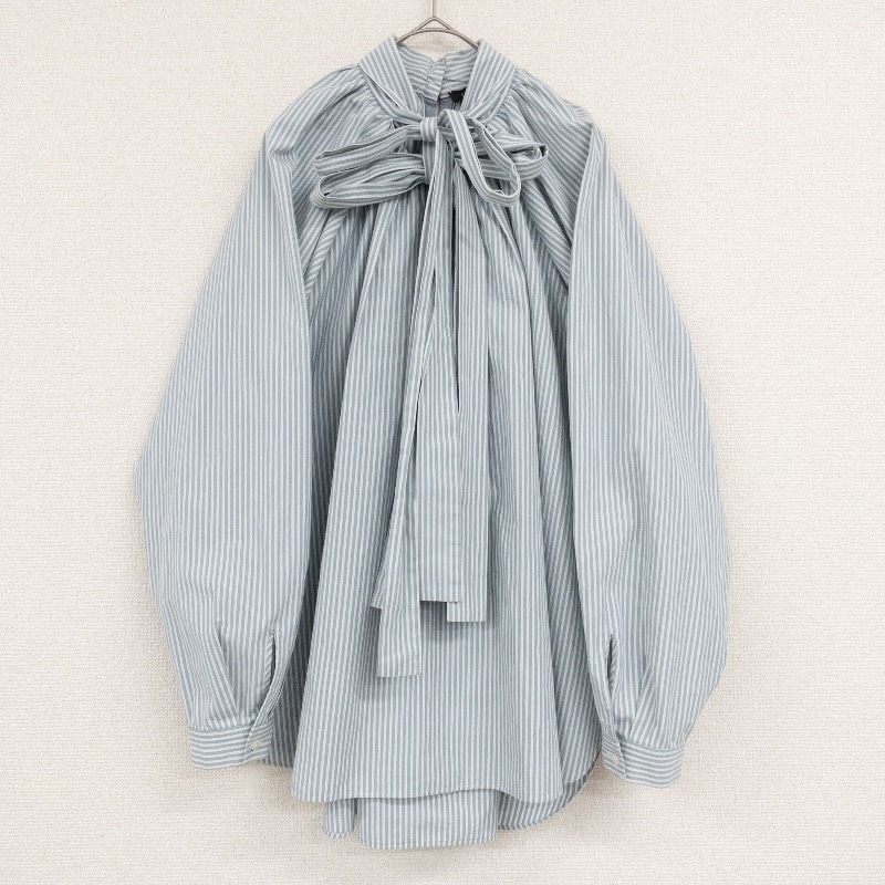 【美品】Drawer ドゥロワー ボウタイ ストライプブラウス 36 ◎Drawer ドゥロワー 長袖ブラウス ボウタイ ストライプ コットン