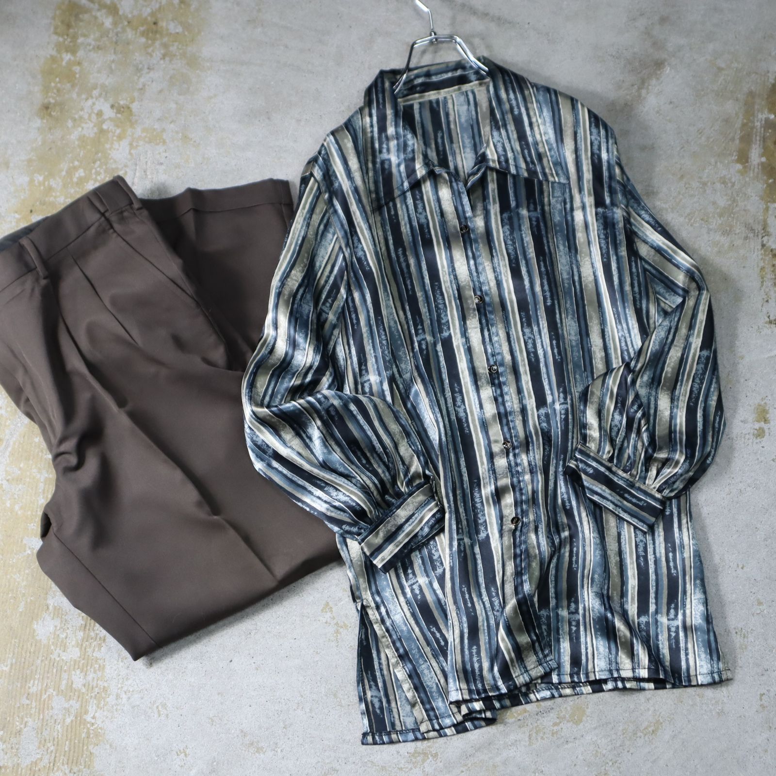 unique stripe satin box cut l/s shirt 80s 90s サテン ユニーク