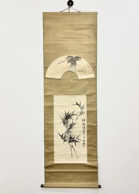 【真作】掛軸　扇面 竹図　文人趣味の墨画一幅　静謐な水墨の世界　T30 真作】掛軸 扇面 竹図 文人趣味の墨画一幅 静謐な水墨の世界 T30