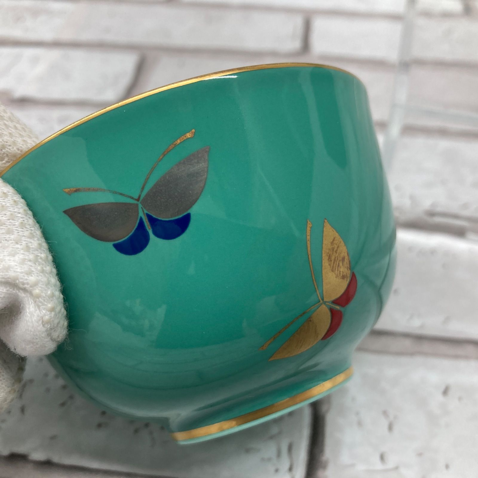 未使用長期保管品 香蘭社 茶器揃え 湯呑×5/急須×1 グリーン系 蝶柄 箱