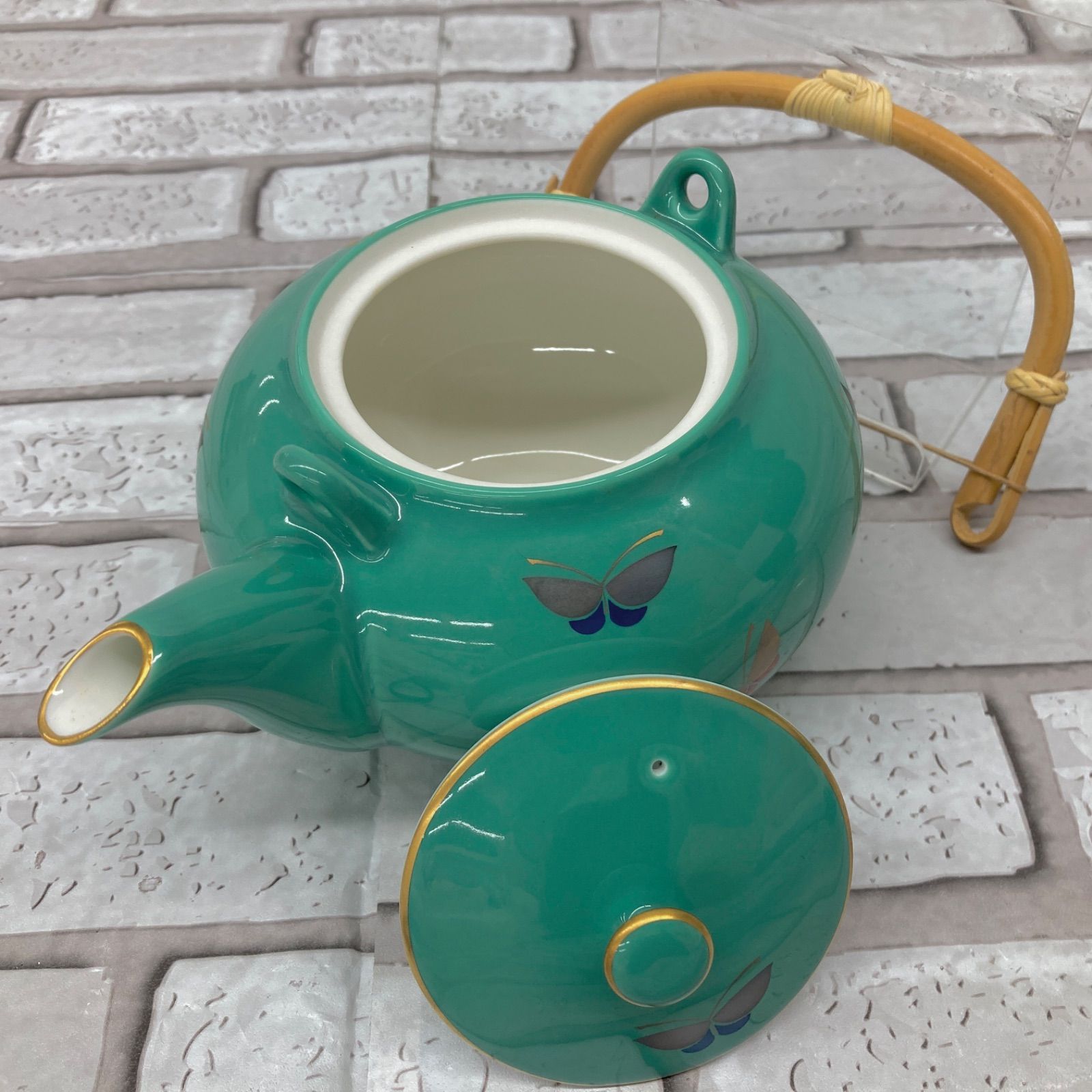 未使用長期保管品 香蘭社 茶器揃え 湯呑×5/急須×1 グリーン系 蝶柄 箱