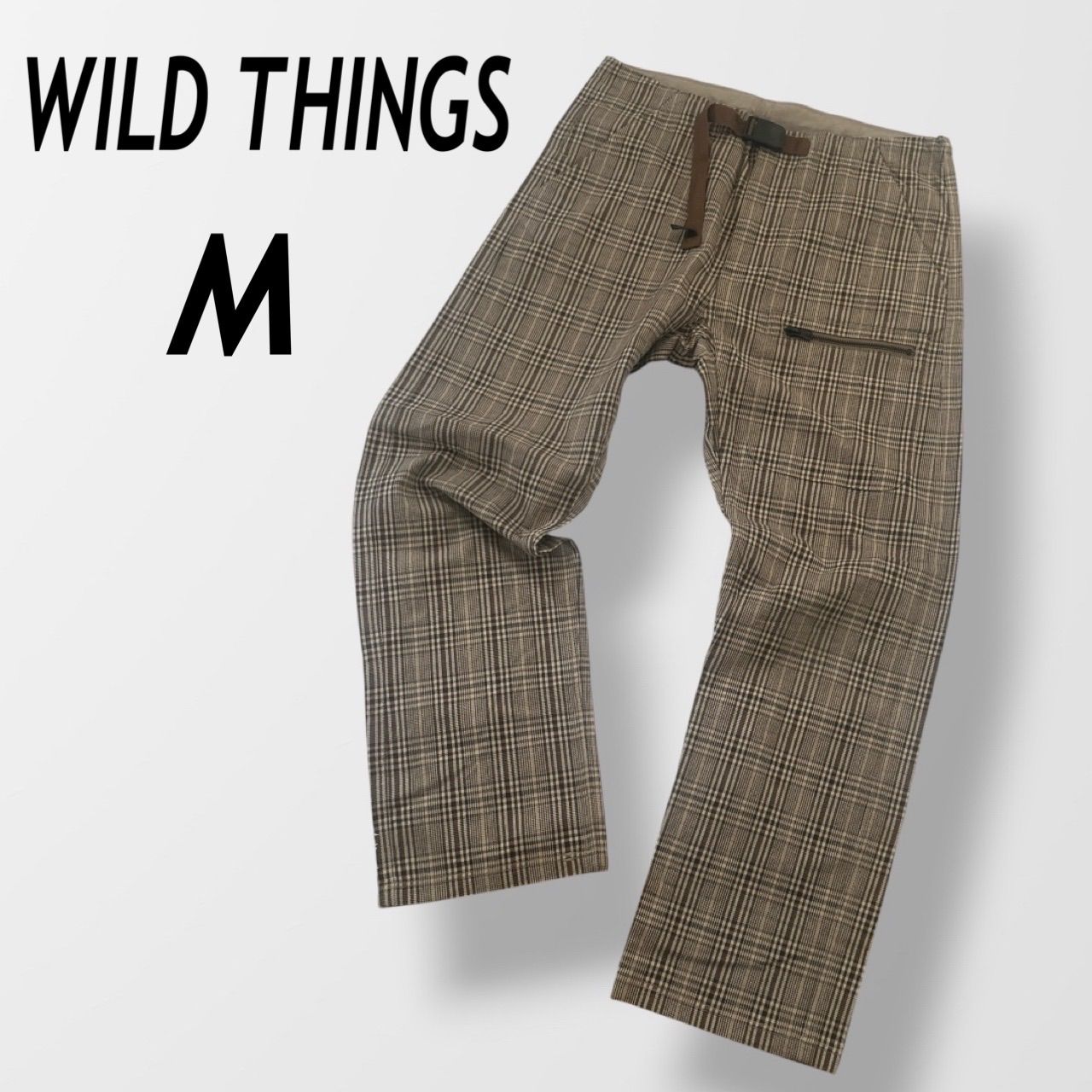 WILD THINGS 남성용 클라이밍 팬츠 M 아웃도어 웨빙 벨트 캐주얼 MTD XWTP02B 어반 리서치 일본산 봄 가을 체크 패턴 브라운 (C036)