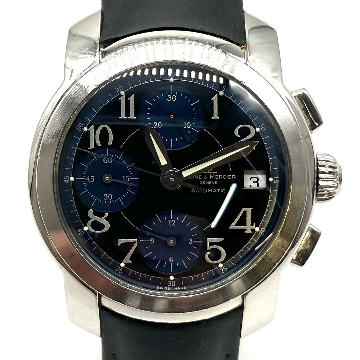  FA516 稼働品 Baume - Mercier 腕時計 クロノグラフ ブラック×ブルー文字盤 フォーマル対応 自動巻き時計 腕時計(アナログ)