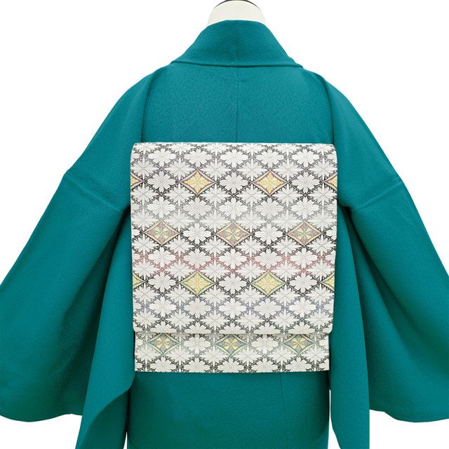 すごい値！袋帯 京都 西陣 やまと 扱い 正絹 紫 緑 草花 六通 金銀糸 ラメ糸 フォーマル 中古 仕立て上がり リサイクル みやがわ neb00694 すごい値！袋帯 京都 西陣 正絹 朱雀織 金華山織 金色地 横段 花菱