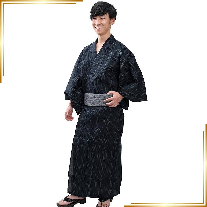 【新品】 [江戸てん] メンズ浴衣しじら織り 2点セット 黒絣（くろかすり） 703 M 0