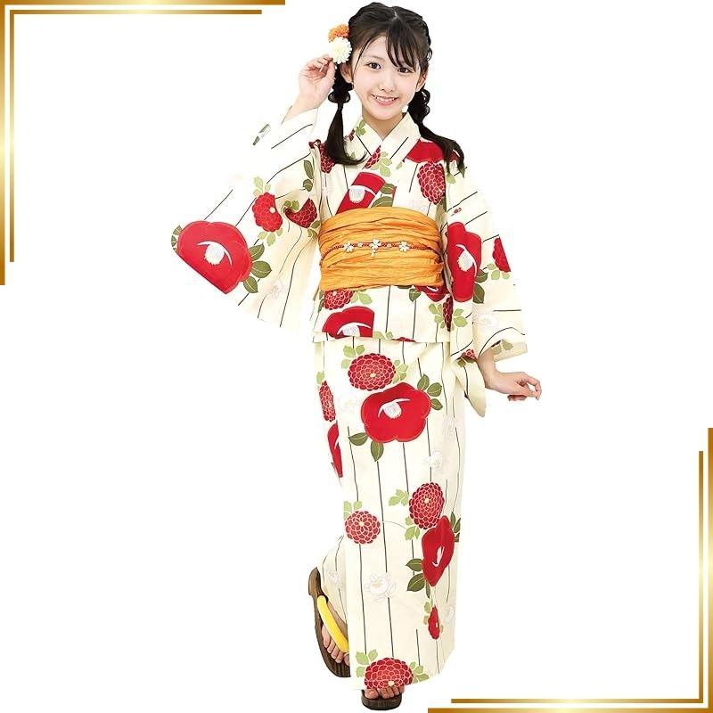 【新品】 [ニシキ] TIW001-140 浴衣 3点セット 綿100％ ワンピース セパレート 女の子 子供用 兵児帯 簡単着付け 花火大会 レトロ モダン 和柄 (兵児帯:辛子/椿に丸菊:2A) 0