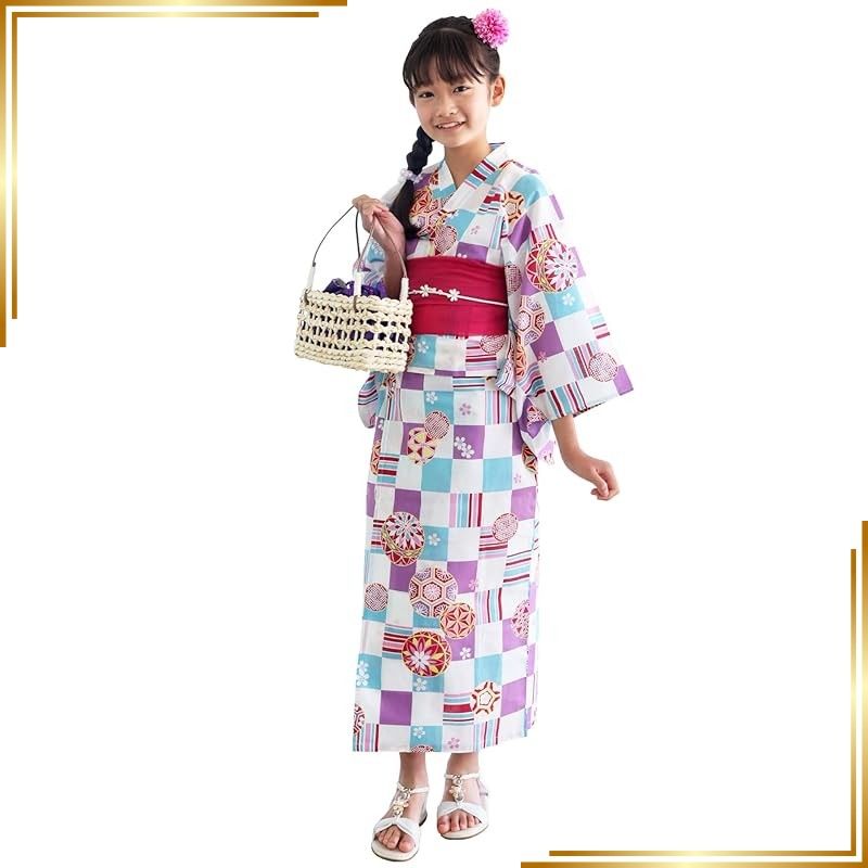 【新品】 [ON NISHIKI] 浴衣 ワンピースにもなる セパレート 2WAY キッズ 子供 女の子 着付け簡単 3点セット オーガンジー帯 綿100％ [2:白地に市松手毬/120/24907] 0