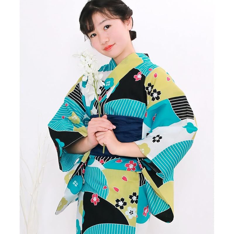 【新品】 [KYOETSU] [キョウエツ] 浴衣セット ジュニア レトロ B 変わり織 2点セット(浴衣、兵児帯) ガールズ (130cm,4.野花) 0