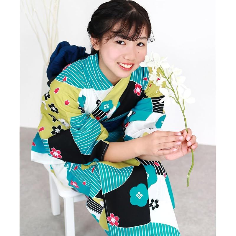 【新品】 [KYOETSU] [キョウエツ] 浴衣セット ジュニア レトロ B 変わり織 2点セット(浴衣、兵児帯) ガールズ (130cm,4.野花) 0