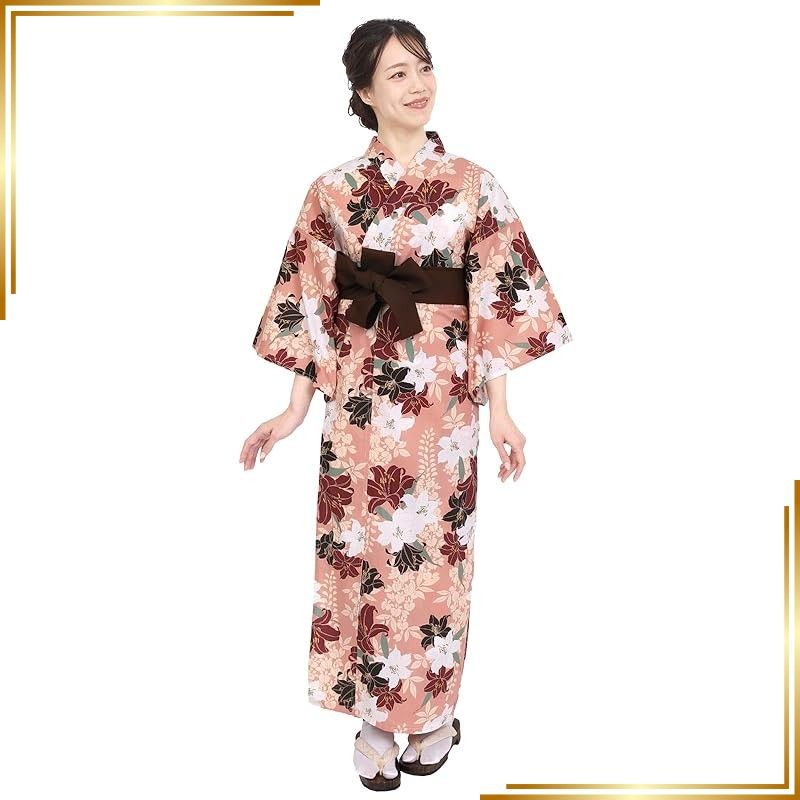【新品】 [Fuuka] 旅館浴衣 帯 2点セット リネン浴衣 レディース 大きいサイズ 業務用 寝巻き 温泉浴衣 おしゃれ 色みやび 帯付き （百合の華/茶）Mサイズ 0