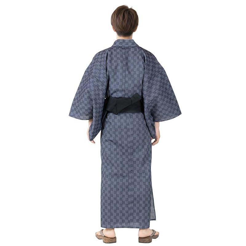 【新品】 [キョウエツ] 浴衣 メンズ セット ゆかた 男性 黒 紺 おしゃれ 綿 しじら C 4点セット (M, 18.市松×紺(ワンタッチ黒)) 0