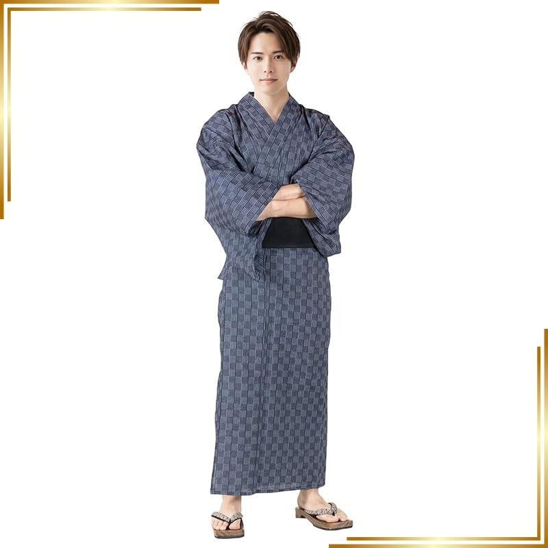 【新品】 [キョウエツ] 浴衣 メンズ セット ゆかた 男性 黒 紺 おしゃれ 綿 しじら C 4点セット (M, 18.市松×紺(ワンタッチ黒)) 0 7,323円