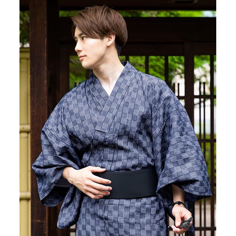 【新品】 [キョウエツ] 浴衣 メンズ セット ゆかた 男性 黒 紺 おしゃれ 綿 しじら C 4点セット (M, 18.市松×紺(ワンタッチ黒)) 0