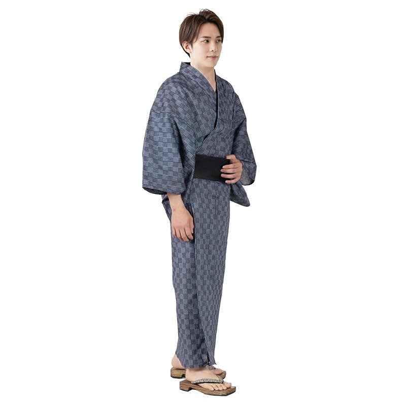 【新品】 [キョウエツ] 浴衣 メンズ セット ゆかた 男性 黒 紺 おしゃれ 綿 しじら C 4点セット (M, 18.市松×紺(ワンタッチ黒)) 0
