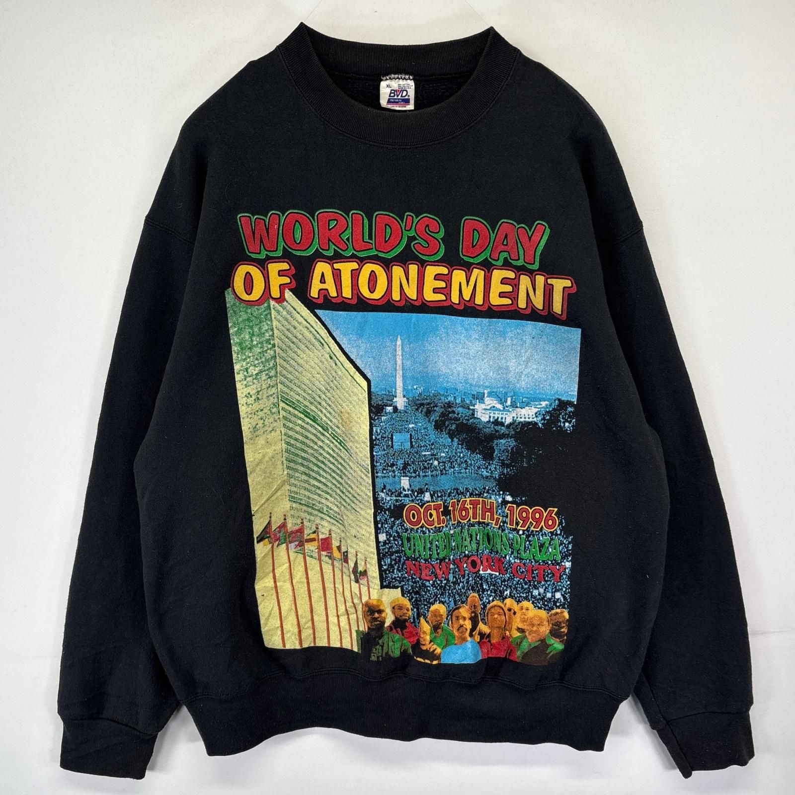 古着 90's/90年代  BVD USA製 スウェット ラップ ヒップホップ WORLD'S DAY OF ATONEMENT トレーナー XL  ブラック メンズ 古着 90's/90年代 BVD USA製 スウェット ラップ ヒップホップ WORLD'S
