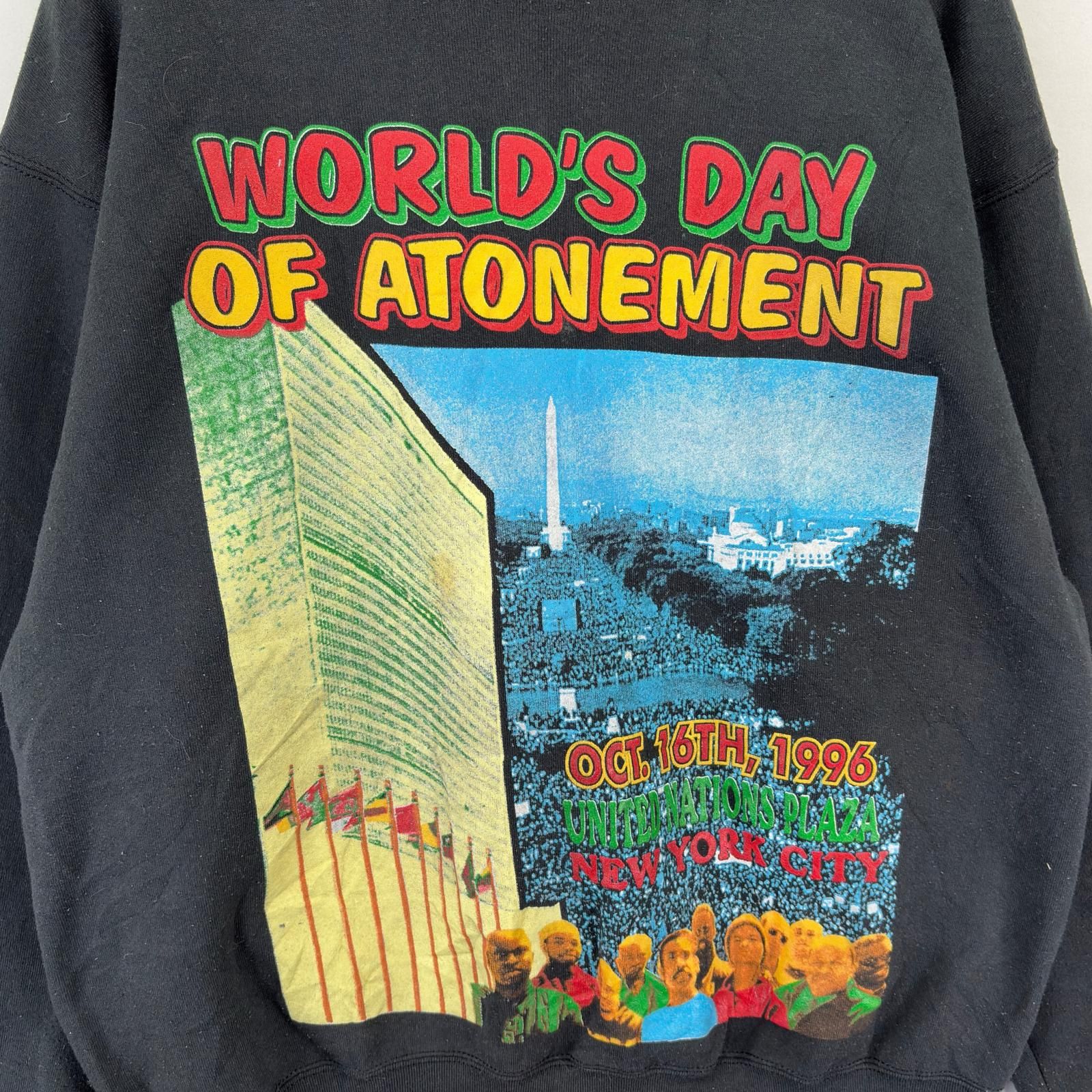 古着 90's/90年代  BVD USA製 スウェット ラップ ヒップホップ WORLD'S DAY OF ATONEMENT トレーナー XL  ブラック メンズ 古着 90's/90年代 BVD USA製 スウェット ラップ ヒップホップ WORLD'S