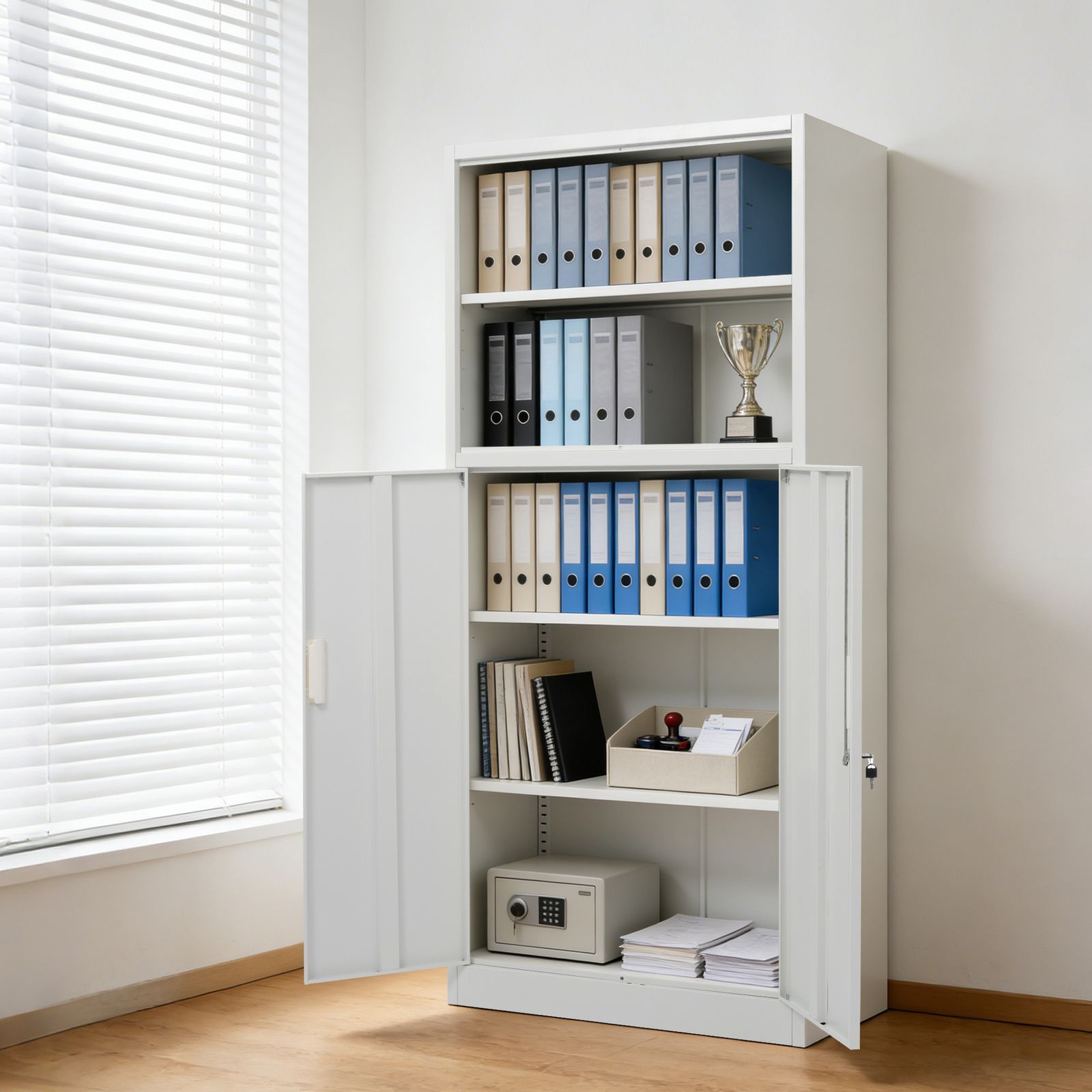 全新品 スチール書庫 上下分段設計 2段+3段 オープンタイプ+両開き扉 