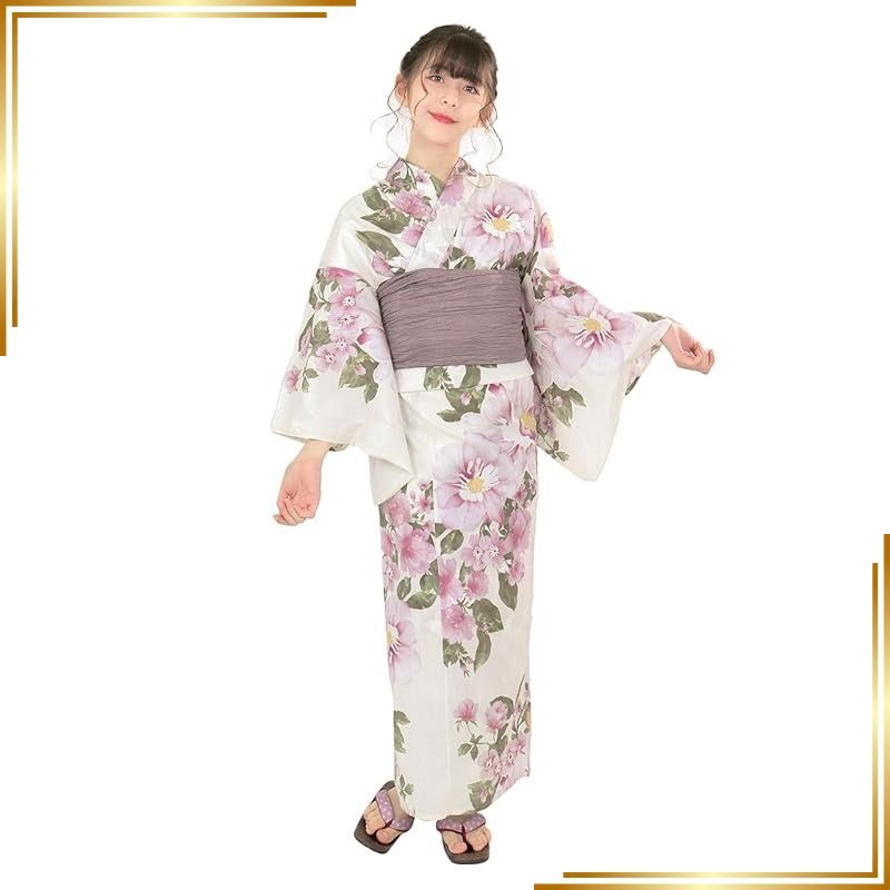 【新品】 [KYOETSU] [キョウエツ] 浴衣セット 女の子 生成り 変わり織 5点セット(浴衣、兵児帯、下駄、腰紐) ジュニア ガールズ H (7.メロウモーブ, 140cm) 0