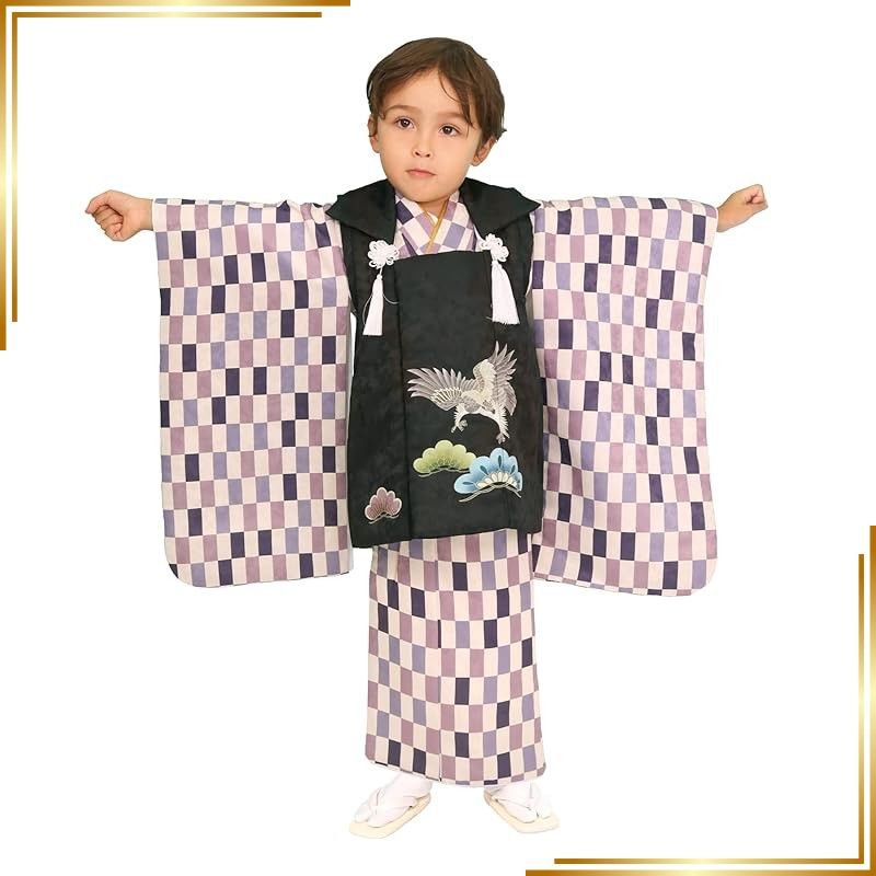 【新品】 [KYOETSU] [キョウエツ] 七五三 3歳 着物 男の子 被布 フルセット しちごさん (7.紫鷹の悠久, 90-100cm) 1