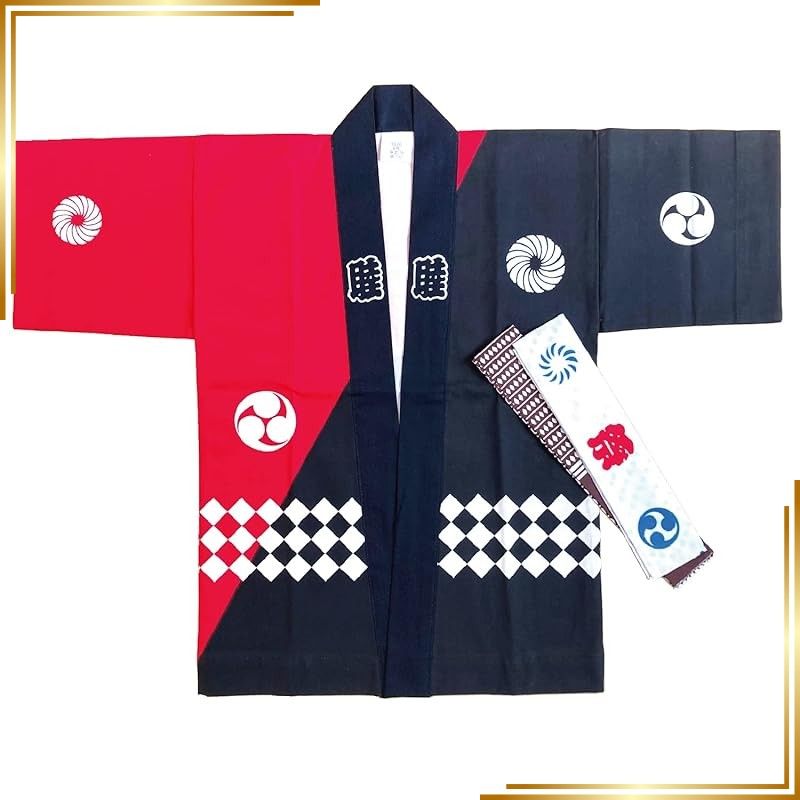 【新品】 [§Ｂ∞ＢＬＵＥ ＨＡＮＤＳ] 子供用 半天 日本製 帯 鉢巻 セット お祭り 運動会 黒 赤 綿100％ 本格的 染め 和柄 (3号（1～3才）) 1