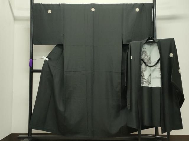 平和屋着物●男性 黒紋付 羽織セット 羽裏:風景文 キングサイズ 正絹 逸品 CABC8288gh