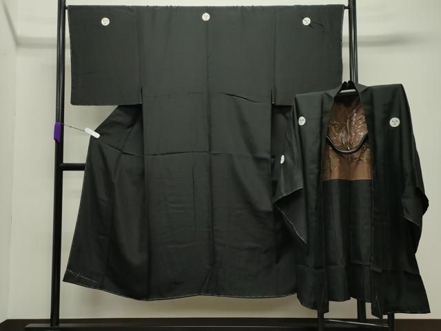 平和屋着物●男性 黒紋付 羽織セット 羽裏:鷹 正絹 逸品 未使用 CABC8304gh