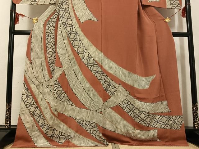 平和屋着物●訪問着　霞間道　鬼しぼ縮緬　正絹　逸品　DABA1961ps 平和屋着物○上質な小紋 型染め 風景草花文 鬼しぼ縮緬 正絹 逸品 未