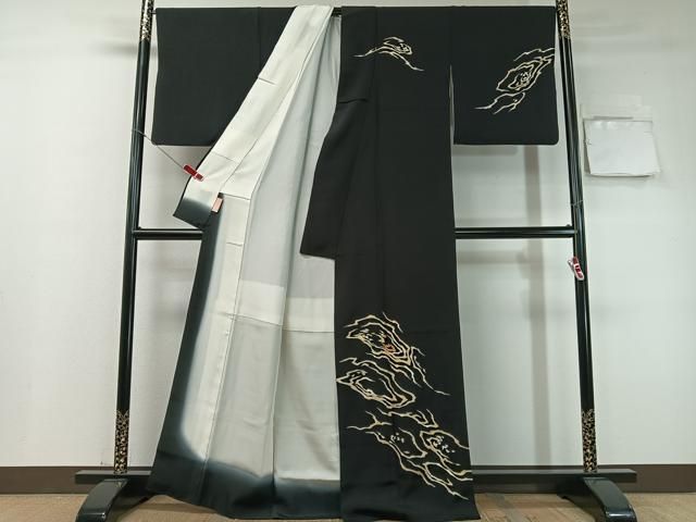 平和屋着物○訪問着 駒刺繍 霞文 黒地 金銀彩 正絹 逸品 CABC9972vp
