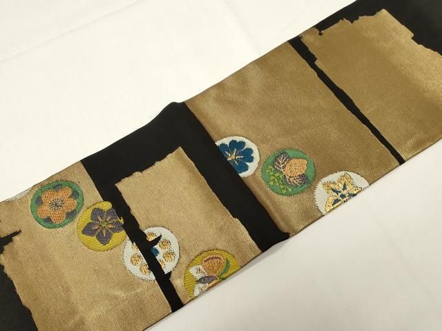 平和屋着物●九寸名古屋帯　唐織　花蝶丸文　黒地　金糸　正絹　逸品　CABE3665dy 平和屋着物○九寸名古屋帯 唐織 花蝶丸文 黒地 金糸 正絹 逸品