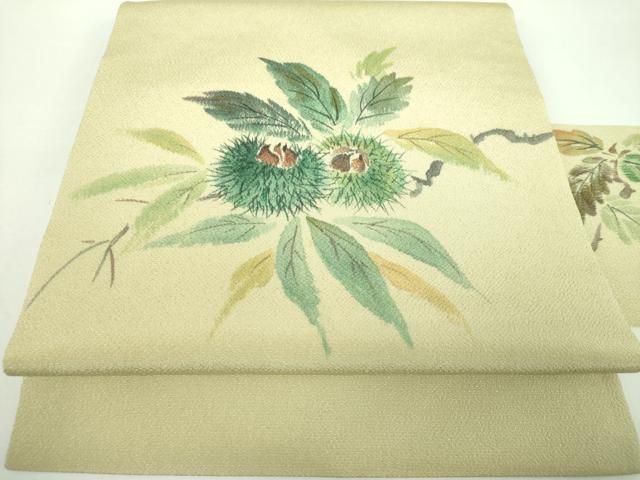 平和屋着物●九寸名古屋帯　手描き　栗　鬼しぼ縮緬　正絹　逸品　DABD1301ps 平和屋着物○九寸名古屋帯 手描き 栗 鬼しぼ縮緬 正絹 逸品 DABD1301ps