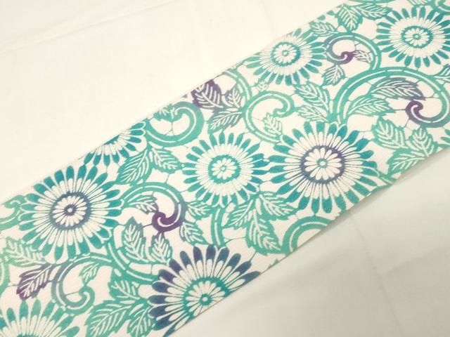 平和屋着物●全通柄九寸名古屋帯　型染め　花唐草文　正絹　逸品　CABE3704dy 平和屋着物○全通柄九寸名古屋帯 型染め 花唐草文 正絹 逸品