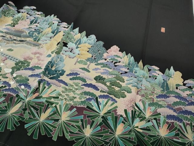 平和屋着物○豪華黒留袖 友禅 作家物 風景草花文 正絹 逸品 CABE6838ut