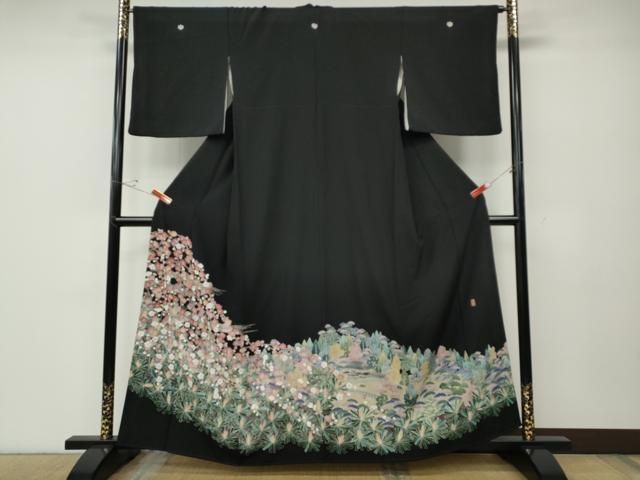 平和屋着物●豪華黒留袖　友禅　作家物　風景草花文　正絹　逸品　CABE6838ut 平和屋着物○豪華黒留袖 友禅 作家物 風景草花文 正絹 逸品 CABE6838ut