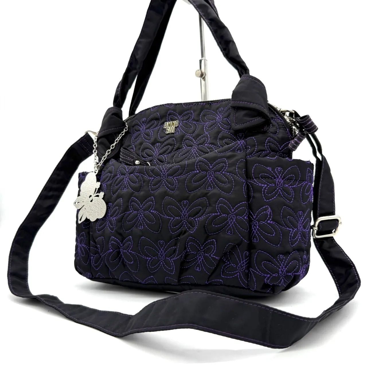 美品】アナスイ ANNA SUI 2WAY ショルダーバッグ 蝶 バタフライ 黒 紫 