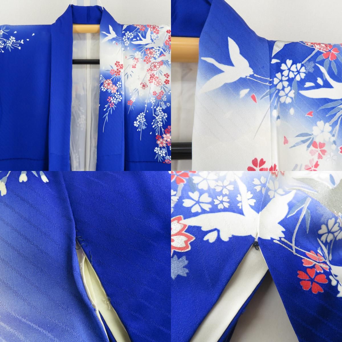 振袖 正絹 3点セット【着物 長襦袢 袋帯】箔入り 青色x白色xピンク色 
