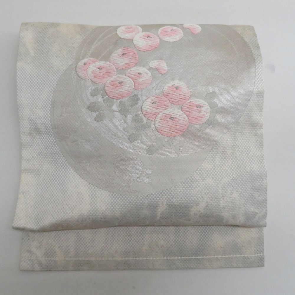 夏帯手刺繍 名古屋帯 絽 夏椿 絹 銀箔 白 クリーム ピンク 638 名古屋 